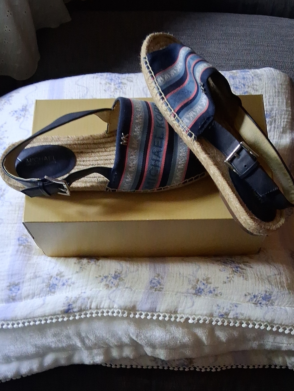 Michael Kors Navy and Light Blue Striped Espadrille Slingbacks. Size 10